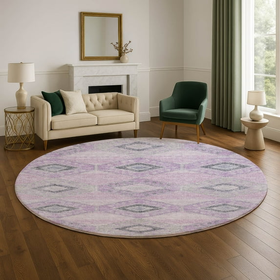 Addison Rugs Mayfield Premium Machine Washable Transitional Aztec Lavender Round Rug, 8' x 8'