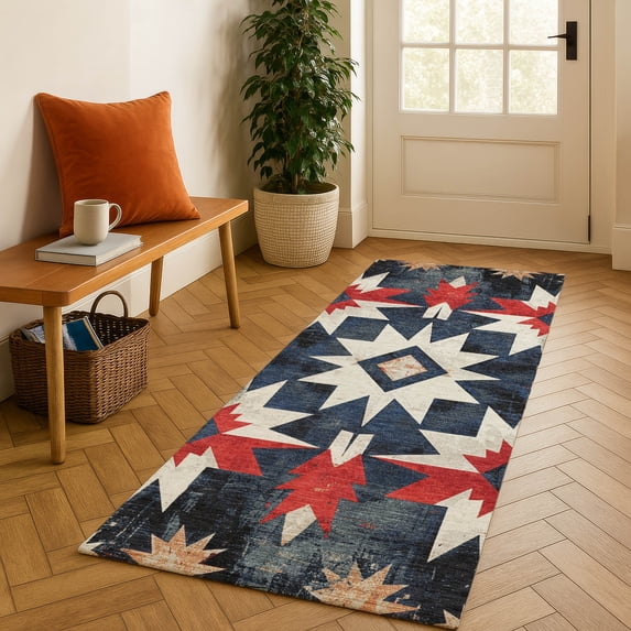 Addison Rugs Mayfield Premium Machine Washable Transitional Aztec Navy Runner Rug, 2'3" x 7'6"