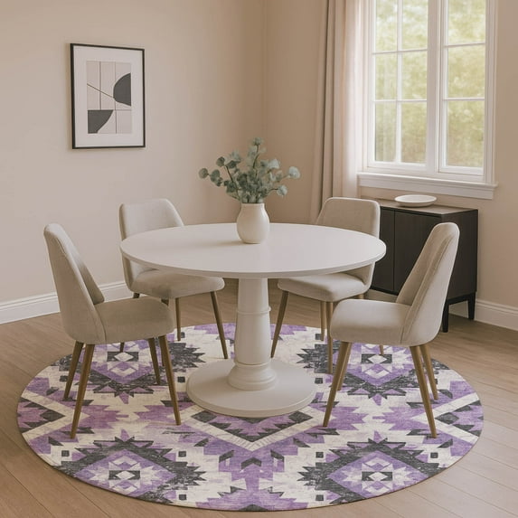 Addison Rugs Mayfield Premium Machine Washable Transitional Aztec Purple Round Rug, 8' x 8'