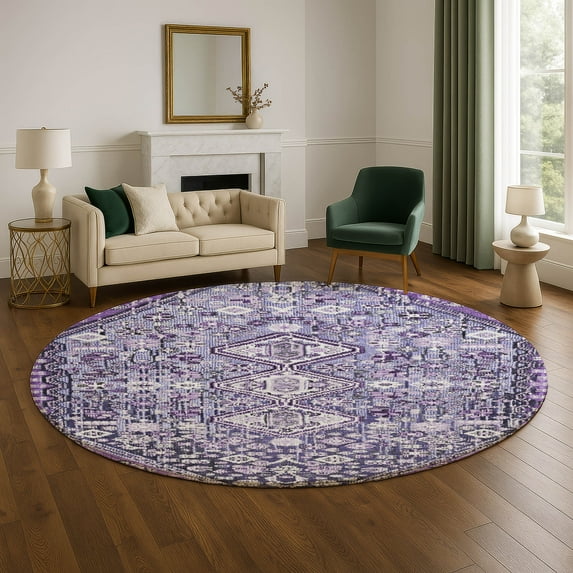 Addison Rugs Mayfield Premium Machine Washable Transitional Aztec Purple Round Rug, 8' x 8'