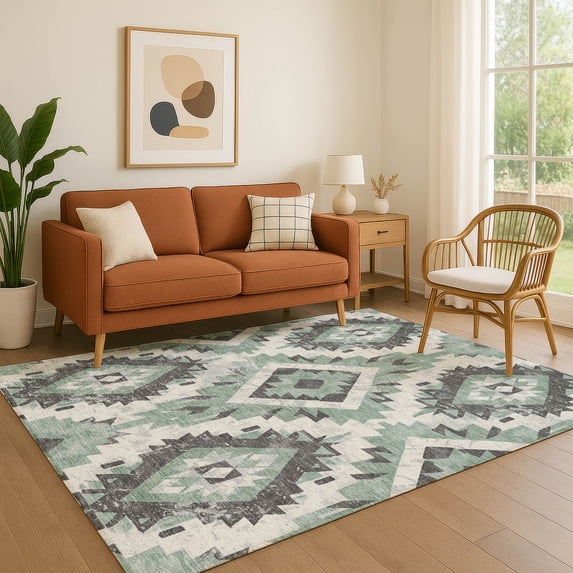 Addison Rugs Mayfield Premium Machine Washable Transitional Aztec Seafoam Rectangle Rug, 5' x 7'6"