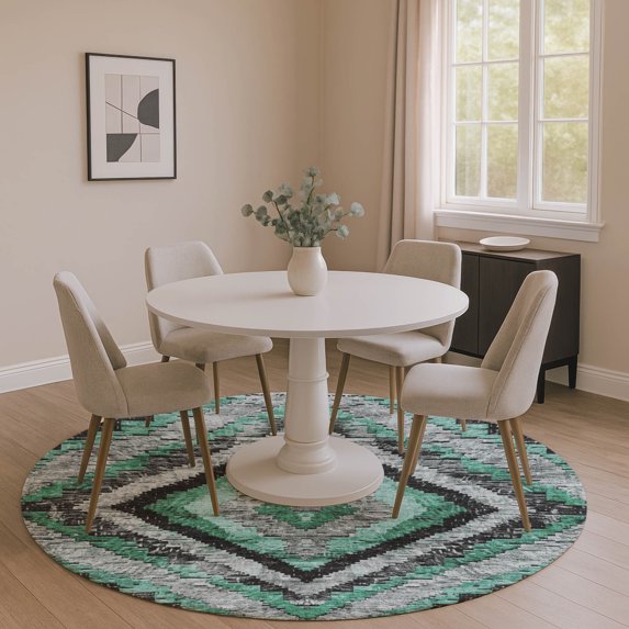Addison Rugs Mayfield Premium Machine Washable Transitional Aztec Seafoam Round Rug, 8' x 8'