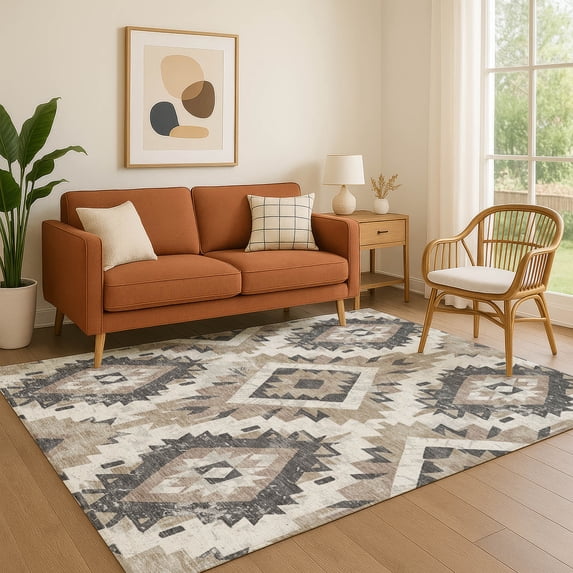 Addison Rugs Mayfield Premium Machine Washable Transitional Aztec Taupe Rectangle Rug, 5' x 7'6"