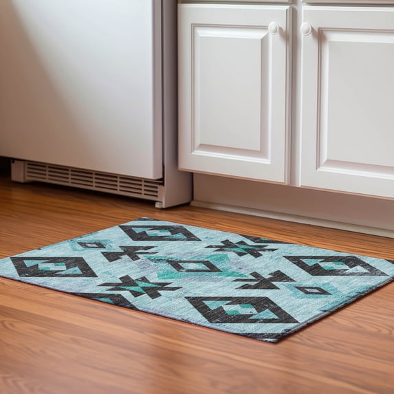 Addison Rugs Mayfield Premium Machine Washable Transitional Aztec Teal Rectangle Rug, 1'8" x 2'6"