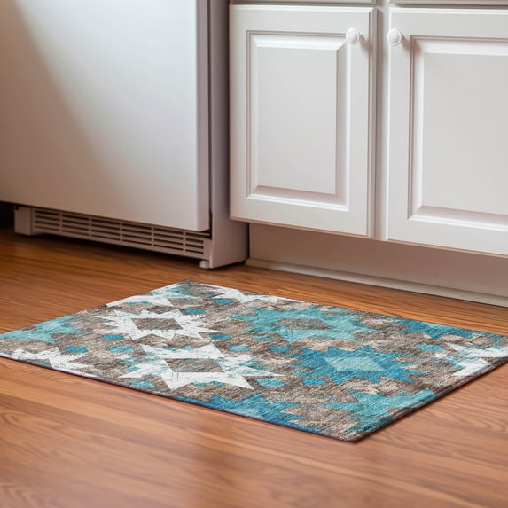 Addison Rugs Mayfield Premium Machine Washable Transitional Aztec Teal Rectangle Rug, 1'8" x 2'6"