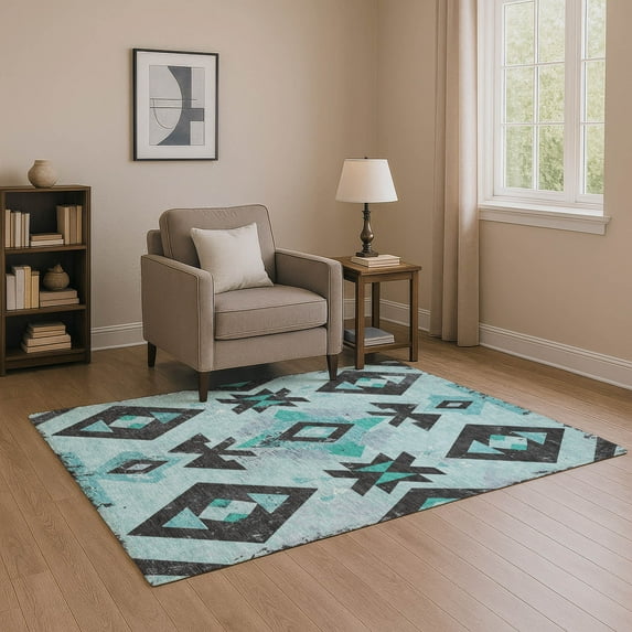 Addison Rugs Mayfield Premium Machine Washable Transitional Aztec Teal Rectangle Rug, 10' x 14'