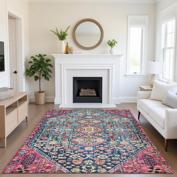 Addison Rugs Mayfield Premium Machine Washable Transitional Aztec Teal Rectangle Rug, 2'6" x 3'10"