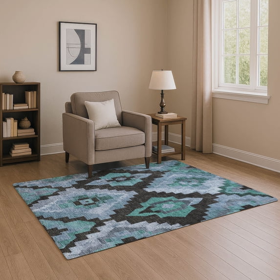 Addison Rugs Mayfield Premium Machine Washable Transitional Aztec Teal Rectangle Rug, 2'6" x 3'10"