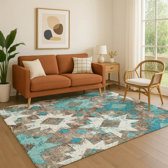 Addison Rugs Mayfield Premium Machine Washable Transitional Aztec Teal Rectangle Rug, 9' x 12'