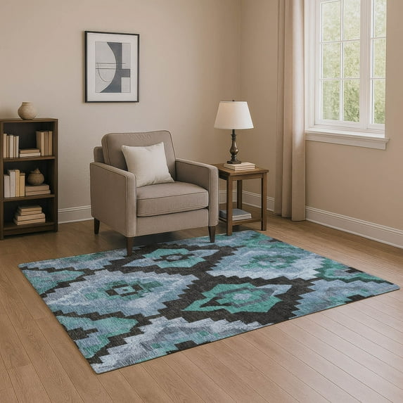 Addison Rugs Mayfield Premium Machine Washable Transitional Aztec Teal Rectangle Rug, 9' x 12'