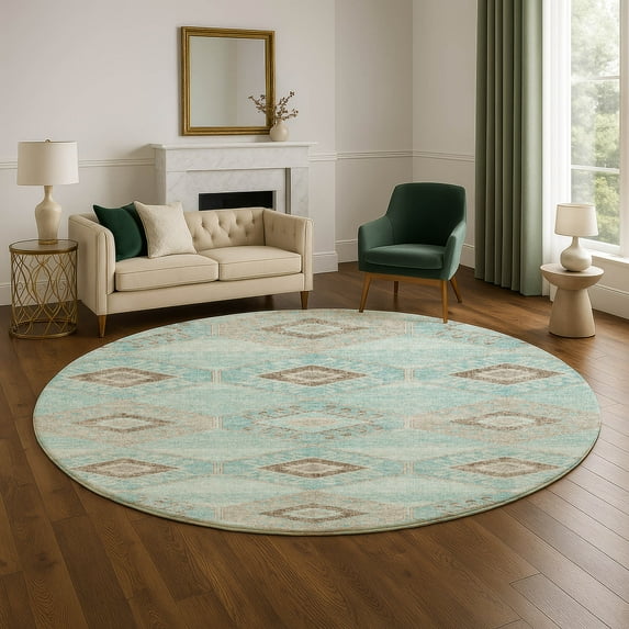 Addison Rugs Mayfield Premium Machine Washable Transitional Aztec Teal Round Rug, 8' x 8'