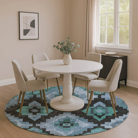 Addison Rugs Mayfield Premium Machine Washable Transitional Aztec Teal Round Rug, 8' x 8'