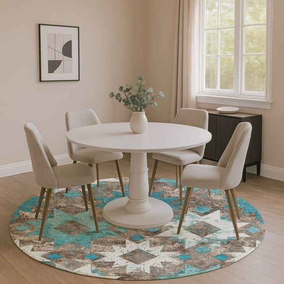 Addison Rugs Mayfield Premium Machine Washable Transitional Aztec Teal Round Rug, 8' x 8'