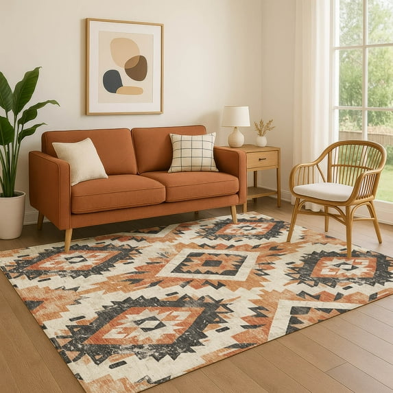 Addison Rugs Mayfield Premium Machine Washable Transitional Aztec Terracotta Rectangle Rug, 10' x 14'