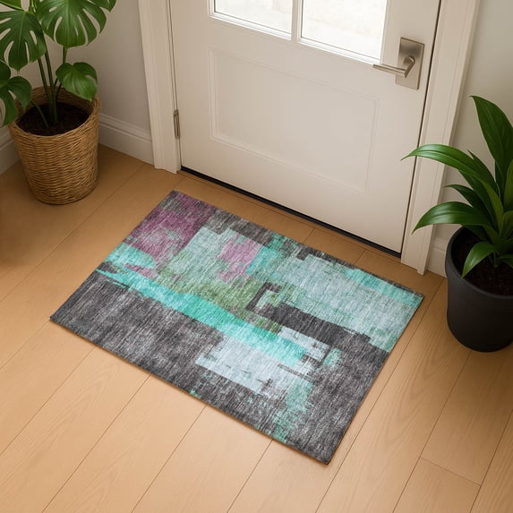 Addison Rugs Mayfield Premium Machine Washable Transitional Blocks Teal Rectangle Rug, 1'8" x 2'6"