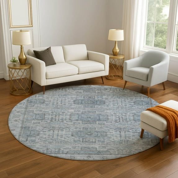 Addison Rugs Mayfield Premium Machine Washable Transitional Border Blue Round Rug, 8' x 8'