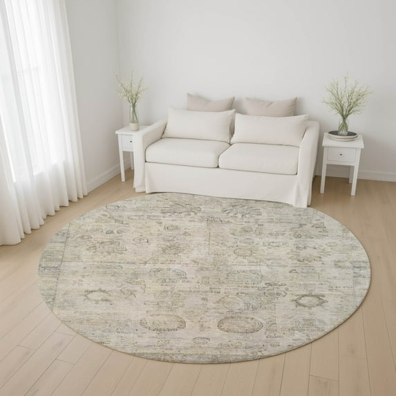 Addison Rugs Mayfield Premium Machine Washable Transitional Border Linen Round Rug, 8' x 8'
