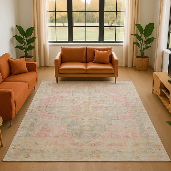 Addison Rugs Mayfield Premium Machine Washable Transitional Border Pink Rectangle Rug, 8' x 10'