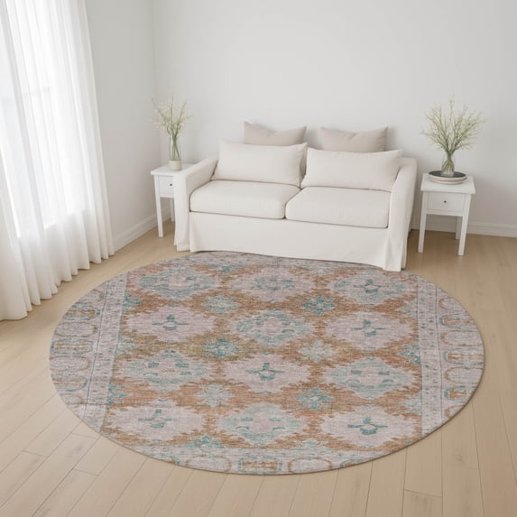 Addison Rugs Mayfield Premium Machine Washable Transitional Border Terracotta Round Rug, 8' x 8'