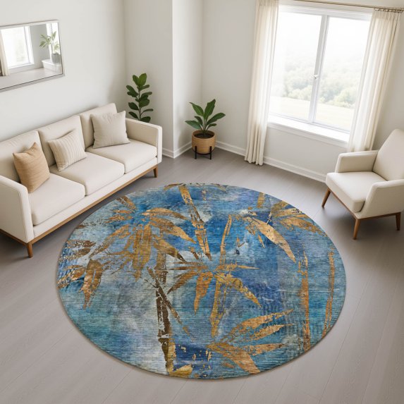 Addison Rugs Mayfield Premium Machine Washable Transitional Botanical Blue Round Rug, 8' x 8'