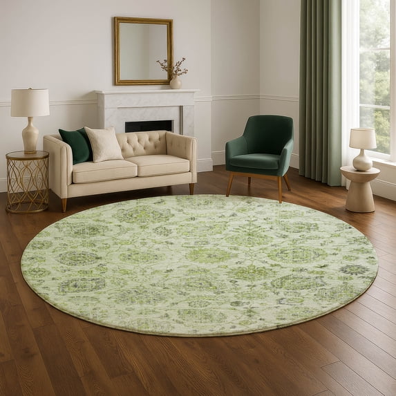 Addison Rugs Mayfield Premium Machine Washable Transitional Damask Aloe Round Rug, 8' x 8'