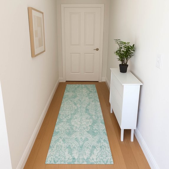 Addison Rugs Mayfield Premium Machine Washable Transitional Damask Aqua Runner Rug, 2'3" x 7'6"