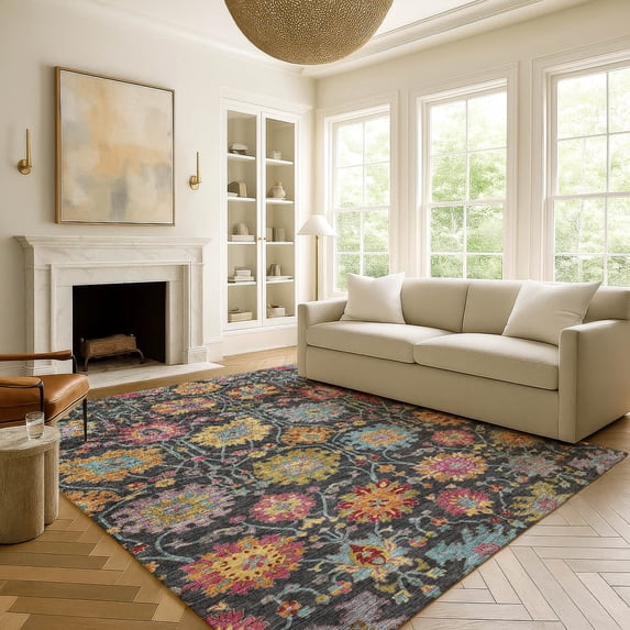Addison Rugs Mayfield Premium Machine Washable Transitional Damask Black Rectangle Rug, 3' x 5'