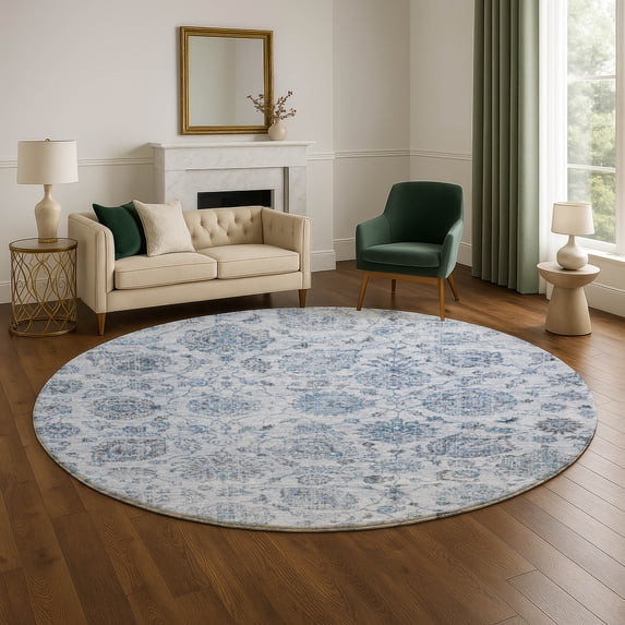 Addison Rugs Mayfield Premium Machine Washable Transitional Damask Blue Round Rug, 8' x 8'