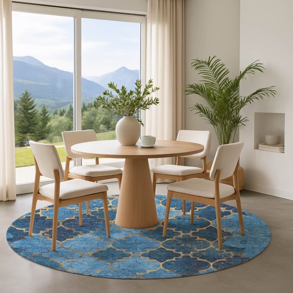 Addison Rugs Mayfield Premium Machine Washable Transitional Damask Blue Round Rug, 8' x 8'