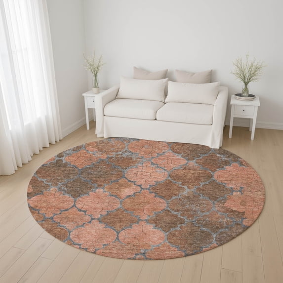 Addison Rugs Mayfield Premium Machine Washable Transitional Damask Copper Round Rug, 8' x 8'