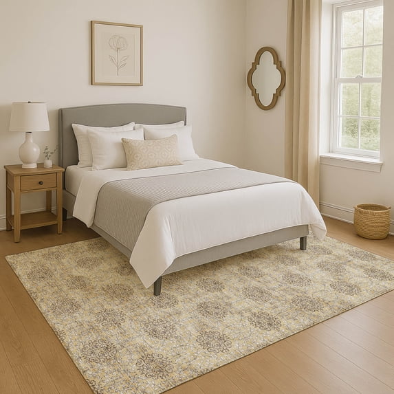 Addison Rugs Mayfield Premium Machine Washable Transitional Damask Gold Rectangle Rug, 5' x 7'6"