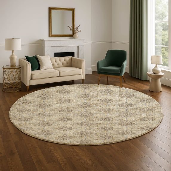 Addison Rugs Mayfield Premium Machine Washable Transitional Damask Gold Round Rug, 8' x 8'