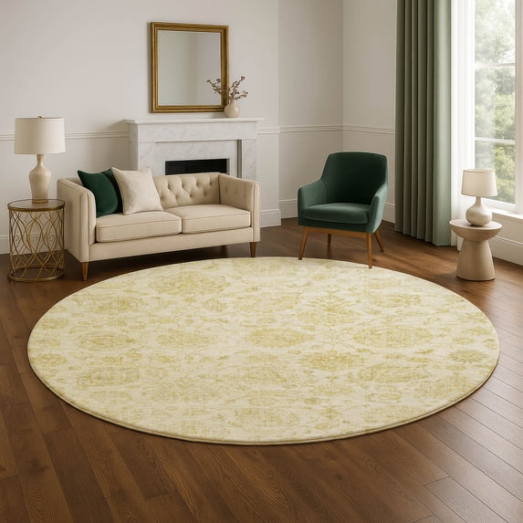 Addison Rugs Mayfield Premium Machine Washable Transitional Damask Gold Round Rug, 8' x 8'