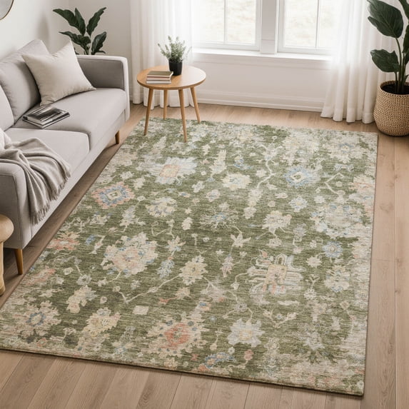 Addison Rugs Mayfield Premium Machine Washable Transitional Damask Olive Rectangle Rug, 3' x 5'
