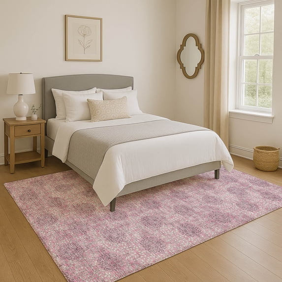 Addison Rugs Mayfield Premium Machine Washable Transitional Damask Pink Rectangle Rug, 8' x 10'