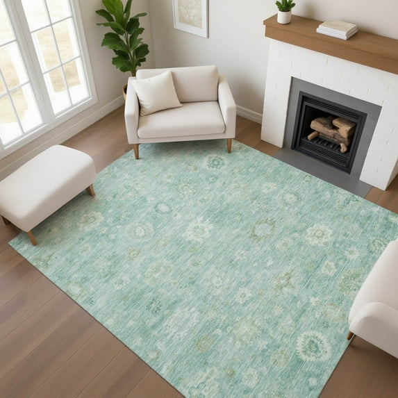 Addison Rugs Mayfield Premium Machine Washable Transitional Damask Teal Rectangle Rug, 10' x 14'