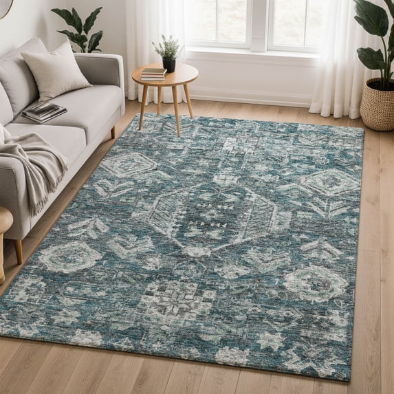 Addison Rugs Mayfield Premium Machine Washable Transitional Damask Teal Rectangle Rug, 3' x 5'