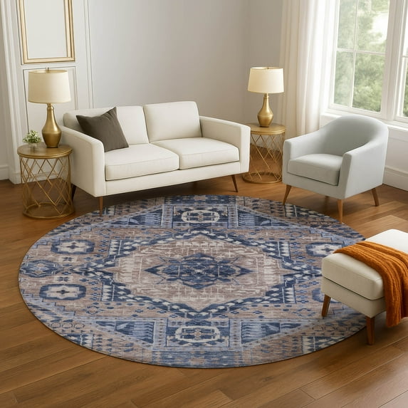 Addison Rugs Mayfield Premium Machine Washable Transitional Diamond Brown Round Rug, 8' x 8'