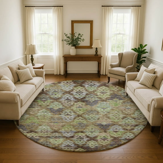 Addison Rugs Mayfield Premium Machine Washable Transitional Diamonds Brown Round Rug, 8' X 8' Machine Washable Transitional Diamonds Brown Oversized Sherpa Throw Blanket