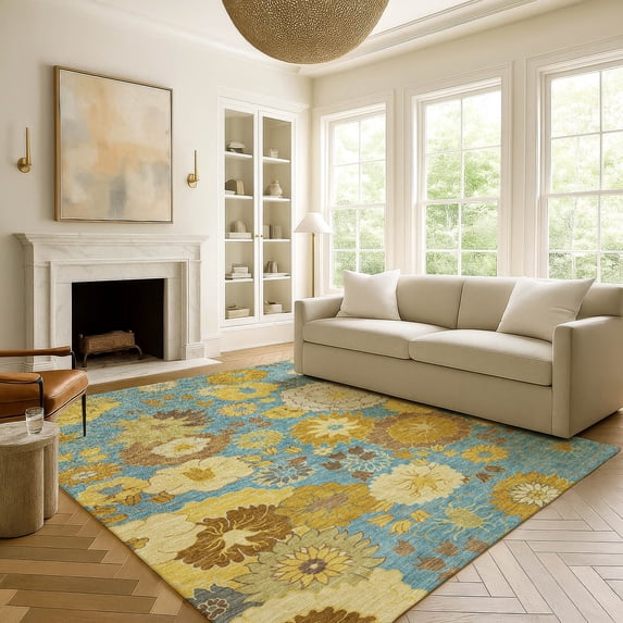 Addison Rugs Mayfield Premium Machine Washable Transitional Floral Aqua Rectangle Rug, 8' x 10'