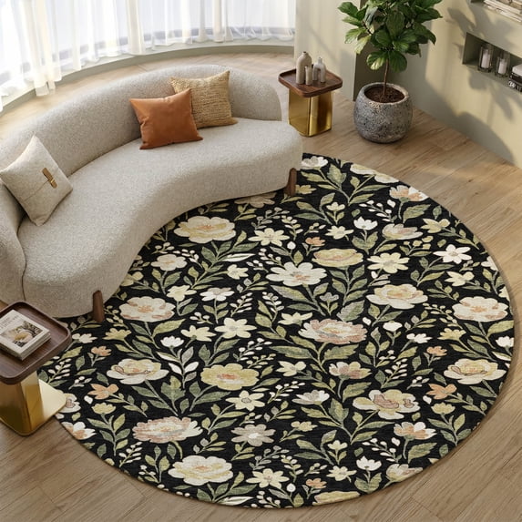 Addison Rugs Mayfield Premium Machine Washable Transitional Floral Black Round Rug, 8' x 8'