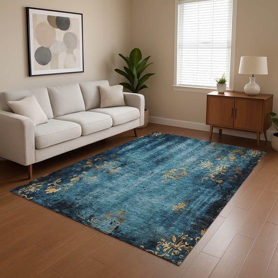 Addison Rugs Mayfield Premium Machine Washable Transitional Floral Blue Rectangle Rug, 10' x 14'