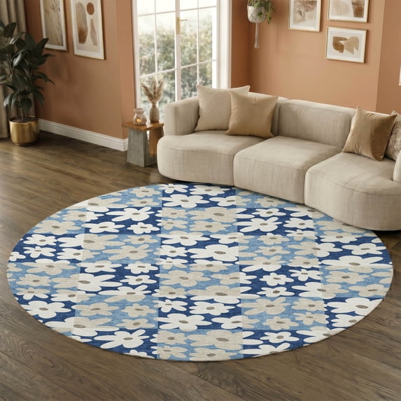 Addison Rugs Mayfield Premium Machine Washable Transitional Floral Blue Round Rug, 8' x 8'