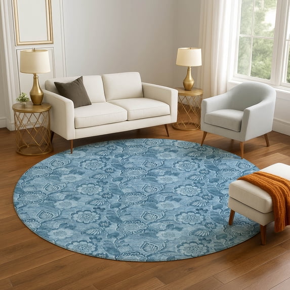 Addison Rugs Mayfield Premium Machine Washable Transitional Floral Blue Round Rug, 8' x 8'