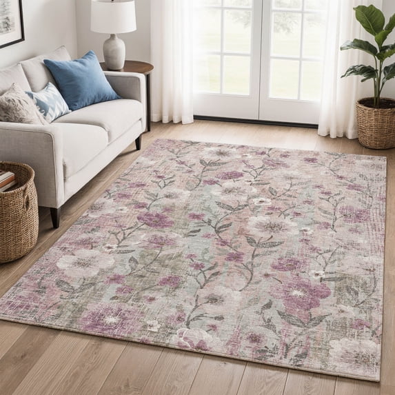 Addison Rugs Mayfield Premium Machine Washable Transitional Floral Blush Rectangle Rug, 10' x 14'
