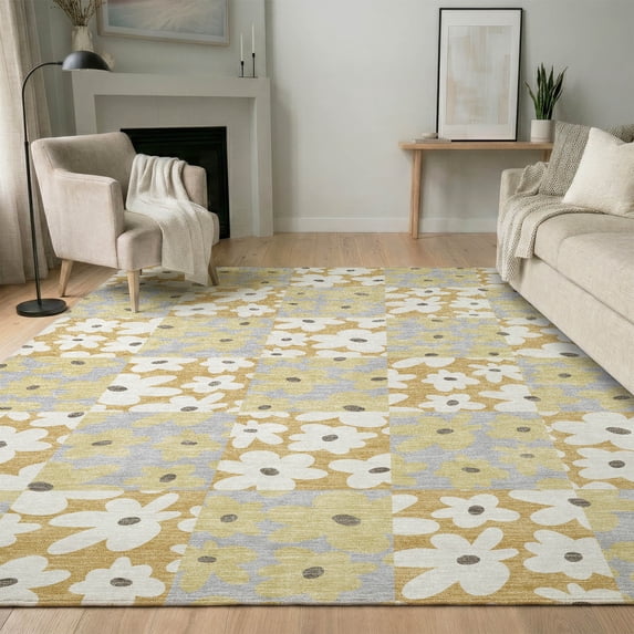 Addison Rugs Mayfield Premium Machine Washable Transitional Floral Gold Rectangle Rug, 3' x 5'