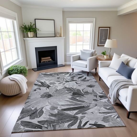 Addison Rugs Mayfield Premium Machine Washable Transitional Floral Gray Rectangle Rug, 8' x 10'