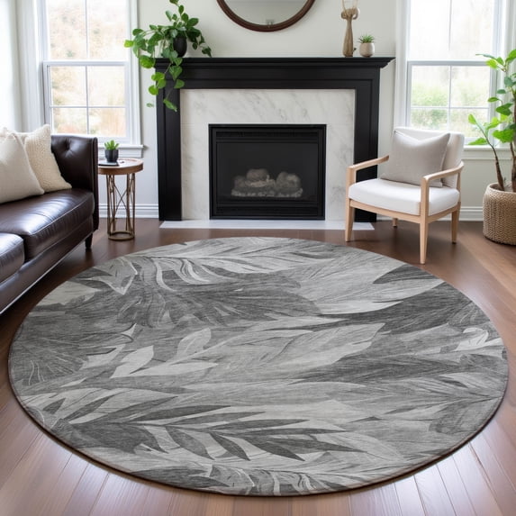 Addison Rugs Mayfield Premium Machine Washable Transitional Floral Gray Round Rug, 8' x 8'