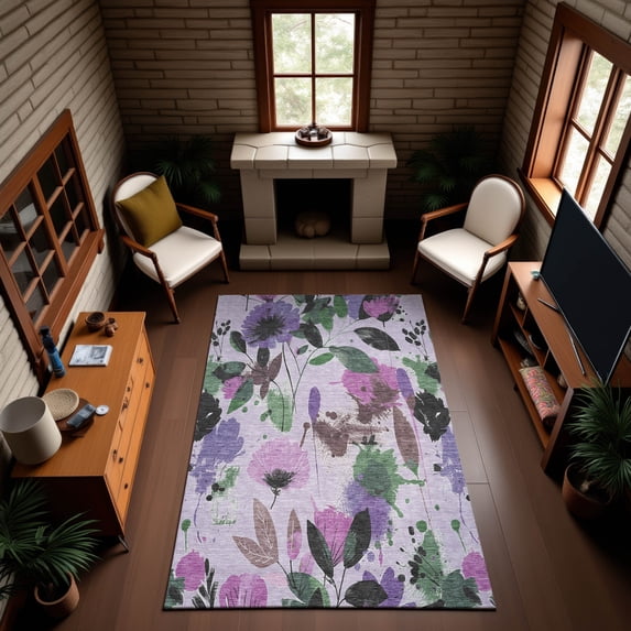 Addison Rugs Mayfield Premium Machine Washable Transitional Floral Lavender Rectangle Rug, 3' x 5'