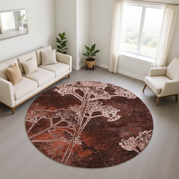 Addison Rugs Mayfield Premium Machine Washable Transitional Floral Merlot Round Rug, 8' x 8'